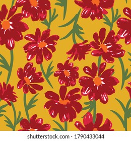 Seamless floral vector repeat pattern in an autumnal color palette with maroon red daisies on a mustard yellow background