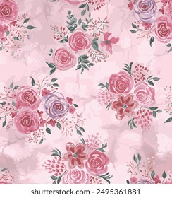 seamless floral vector rose flowers with cream leaves bunches pattern on abstract pink  background.floral pattern, vintage pattern, all over design, flower bunch pattern.