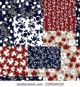 nahtlose, florale Vektorgrafik, kleine Blumen, Blätter Bandanna-Muster auf marinem Hintergrund