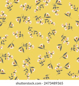 seamless floral vector small flowers leaves bunches pattern on yellow background