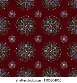Seamless floral vector textile pattern with round color smooth lines  on brown background