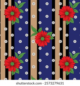 Seamless floral vector tossed pattern. Red flowers on a indigo background. Home textile, wallpaper, phone case, fabric cloth, paper all over design. Simple geometric printing block. Abstract texture.