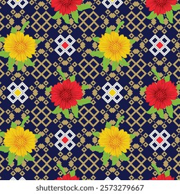 Seamless floral vector tossed pattern. Red flowers on a indigo background. Home textile, wallpaper, phone case, fabric cloth, paper all over design. Simple geometric printing block. Abstract texture.