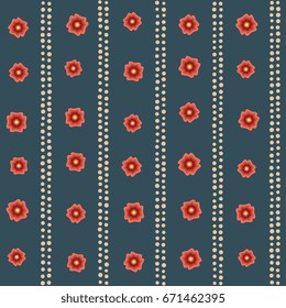 Seamless floral vector tossed pattern. Red flowers on a indigo background. Home textile, wallpaper, phone case, fabric cloth, paper all over design. Simple geometric printing block. Abstract texture.