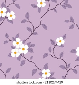 seamless floral vector white flowers with leaves pattern on violet background