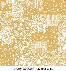 seamless floral vector white small flowers with leaves bandanna pattern on yellow background