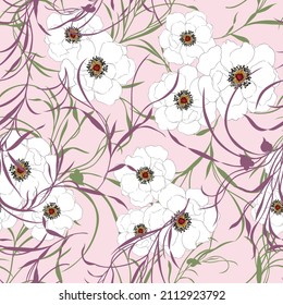 seamless floral vector white stock flowers with green and maroon leaf pattern on pink background