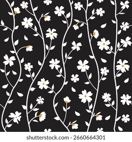 padrão de videira floral sem costura com flores brancas no fundo preto, perfeito para têxteis, papéis de parede, tecido, envoltório e design de superfície.