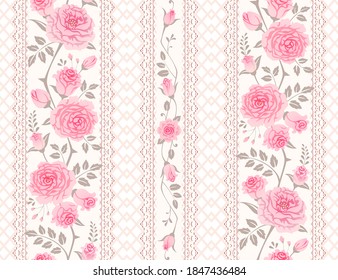 Seamless floral vintage background, border. Vector pattern with pink roses and laces for wallpaper, fabric, gift wrap, digital paper, fills, etc.