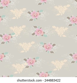 Seamless floral vintage background. Vector pattern. Pale light rose flowers with leaves. Can be used for wallpaper, paper, textile, clothing, fabric, stationery, web, poster, banner, scrapbook.