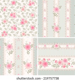 Seamless floral vintage backgrounds and borders. Set of vector striped patterns with pink climbing roses.