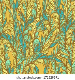 Seamless floral vintage blue and yellow doodle pattern with abstract feathers