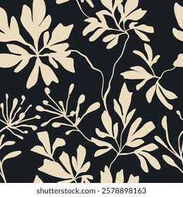 Seamless floral vintage contrast vector concise black and white handmade ink drawing for fabric design, decor, ceramics, greeting cards, flowers, texture print on black background