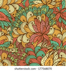 Seamless floral vintage fantasy pattern with leaves and swirls