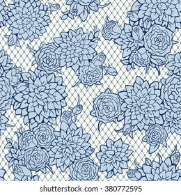 Seamless floral vintage pattern. Abstract mesh texture with roses and leaves. Vector monochrome background.
