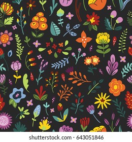 Seamless floral vintage pattern. Background with flowers, plants, leaves and herbs. Dark floral pattern