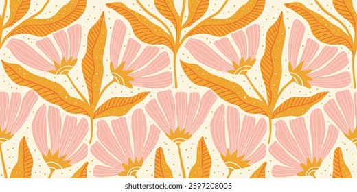 Seamless Floral Vintage Pattern Flowers And Leaves With Decorative Details Art Nouveau Folk Contemporary Light Background