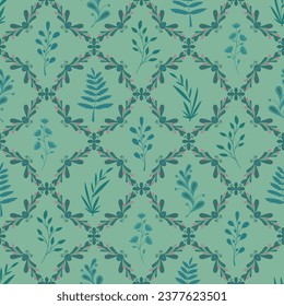 seamless floral vintage pattern, green twigs of plants in openwork squares, vector floral plant pattern
