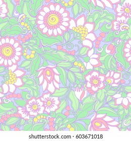 Seamless floral vintage pattern in light, vanilla spring green and pink colors. Stock line vector illustration.