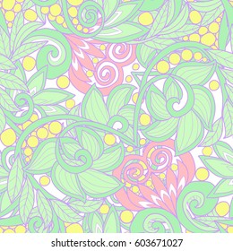 Seamless floral vintage pattern in light, vanilla spring green and pink colors. Stock line vector illustration.
