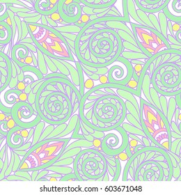 Seamless floral vintage pattern in light, vanilla spring green and pink colors. Stock line vector illustration.