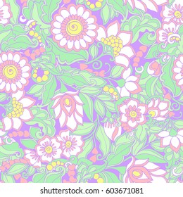 Seamless floral vintage pattern in light, vanilla spring green and pink colors. Stock line vector illustration.