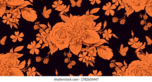 Seamless floral vintage pattern with rose bouquets for spring dress fabrics