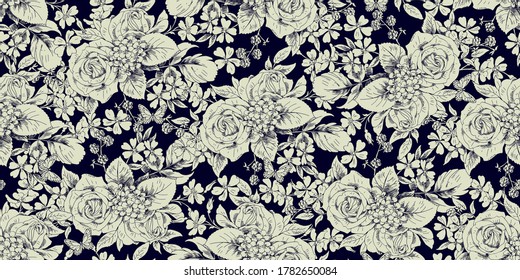 Seamless floral vintage pattern with rose bouquets for spring dress fabrics