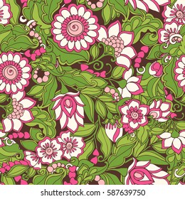 Seamless floral vintage pattern in spring green and pink colors. Stock line vector illustration.