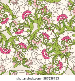 Seamless floral vintage pattern in spring green and pink colors. Stock line vector illustration.