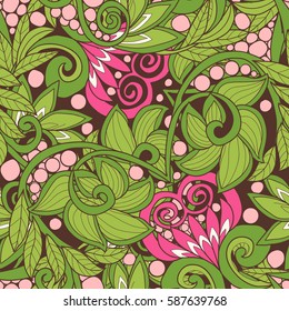 Seamless floral vintage pattern in spring green and pink colors. Stock line vector illustration.