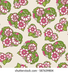Seamless floral vintage pattern in spring green and pink colors. Stock line vector illustration.