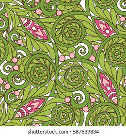Seamless floral vintage pattern in spring green and pink colors. Stock line vector illustration.