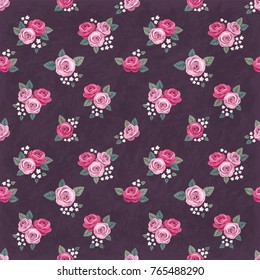 Seamless floral vintage romantic pattern with pink roses on dark shabby background. Retro wallpaper style. Shabby chic design. Perfect for scrapbooking, greeting cards etc