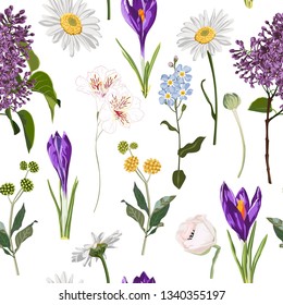 Seamless floral violet crocus and many kind of spring flowers seamless pattern on vintage white background. Botanical illustration.  Colorful.