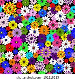 Seamless floral vivid pattern with colorful flowers on black(vector)