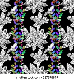 Seamless floral vivid pattern with colorful flowers on black(vector) 