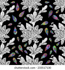 Seamless floral vivid pattern with colorful flowers on black(vector) 
