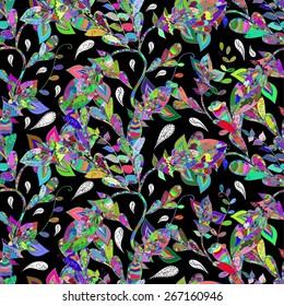 Seamless floral vivid pattern with colorful flowers on black(vector) 