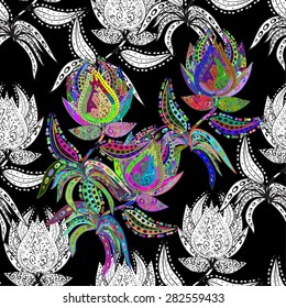 Seamless floral vivid pattern with colorful flowers on black. Vector illustration.