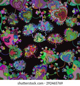 Seamless floral vivid pattern with colorful flowers on black. Vector illustration.