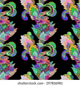 Seamless floral vivid pattern with colorful flowers on black. Vector illustration.
