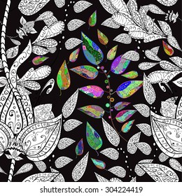 Seamless floral vivid pattern with colorful flowers on black. Vector illustration.