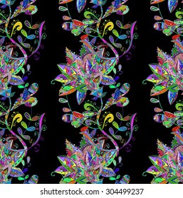 Seamless floral vivid pattern with colorful flowers on black. Vector illustration.