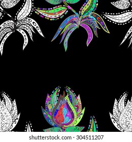 Seamless floral vivid pattern with colorful flowers on black. Vector illustration.