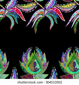 Seamless floral vivid pattern with colorful flowers on black. Vector illustration.