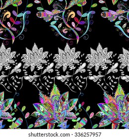 Seamless floral vivid pattern with colorful flowers on black. Vector illustration. 