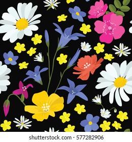 Seamless floral wallpaper with color hand-drawn wildflowers.  Pattern can be used for web page background, surface textures and fabrics.
 
