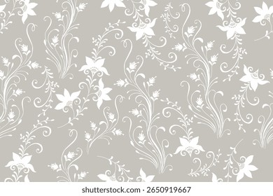 Seamless floral wallpaper. Decorative vintage pattern in classic style with flowers and twigs. Two tone ornament with white peony silhouette on gray background