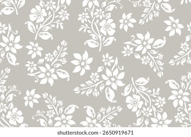 Seamless floral wallpaper. Decorative vintage pattern in classic style with flowers and twigs. Two tone ornament with white peony silhouette on gray background